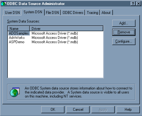 ODBC Data Source Administrator (System DSN)