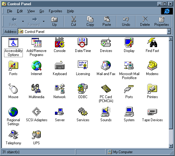 Control Panel in Windows NT with IE4 and Shell Integration